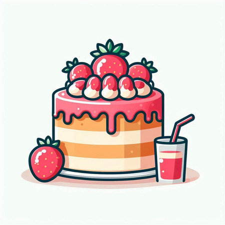 Strawberry cake with a glass of juice, vector illustration.のイラスト素材
