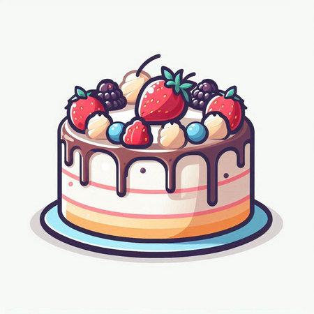 Illustration of a cake with strawberries and blueberries on a white backgroundのイラスト素材