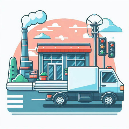 Vector illustration of a city street with a truck and a store.のイラスト素材