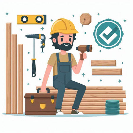 Carpenter with tools. Vector illustration in a flat style.のイラスト素材