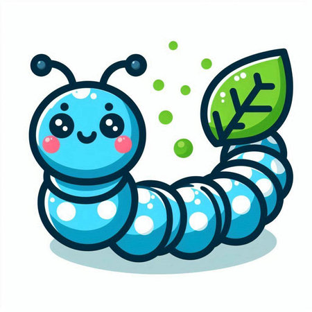 Cute cartoon caterpillar with green leaf on white background. Vector illustration.のイラスト素材