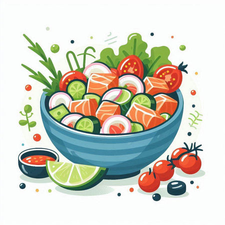 Salmon salad in a bowl with vegetables and spices. Vector illustration.のイラスト素材
