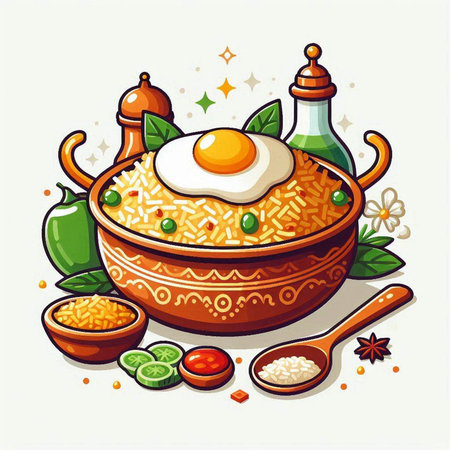 Illustration of a bowl of rice with a fried egg and vegetablesのイラスト素材