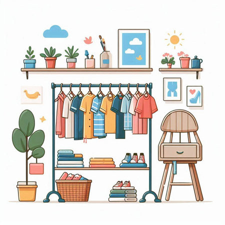 Clothes store interior. Vector illustration in flat cartoon style on white background.のイラスト素材