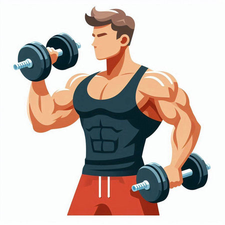 Muscular man lifting dumbbells. Vector illustration in cartoon styleのイラスト素材