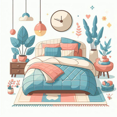 Vector illustration of a cozy bedroom with a double bed, a potted plant and a clock.のイラスト素材