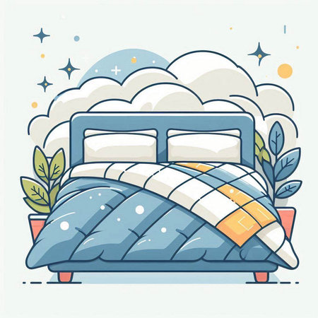 Vector illustration of bed with pillows and cushions in cartoon style.のイラスト素材
