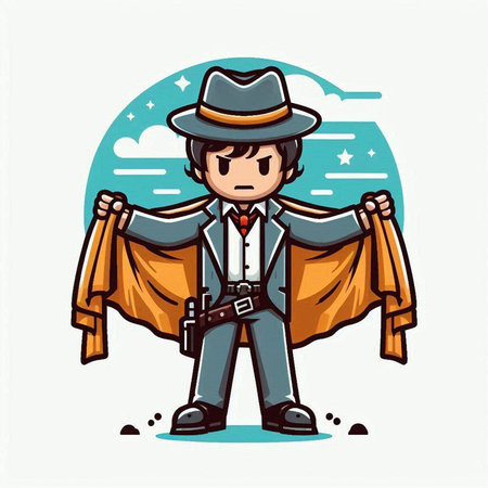 Cartoon detective with a gun in his hand. Vector illustration.のイラスト素材