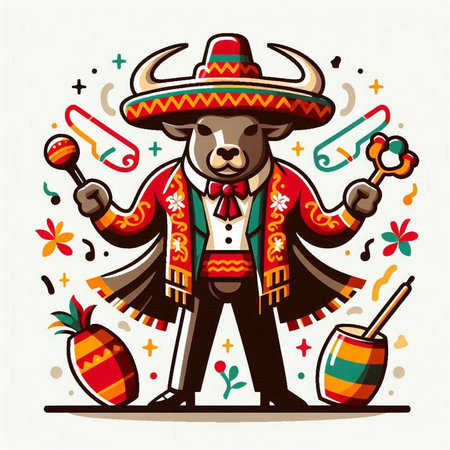 Mexican bear in sombrero with maracas. Vector illustration.のイラスト素材