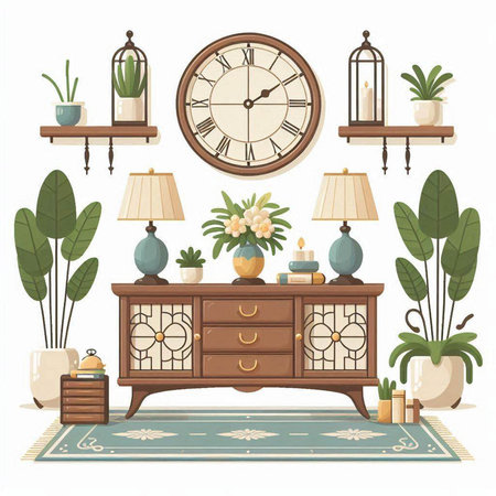 Illustration of a cozy living room with a clock, books, plants and accessoriesのイラスト素材