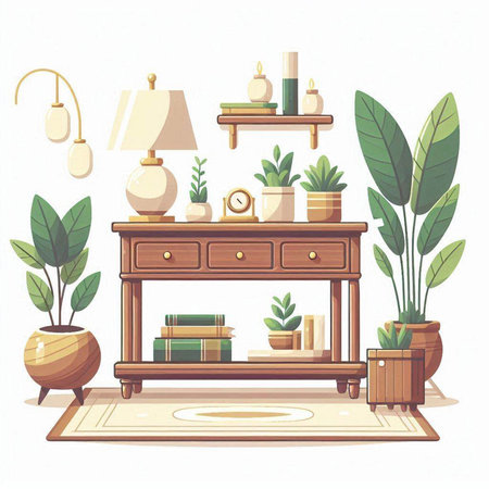 Cozy living room interior with furniture, bookshelf, lamp, potted plants. Vector illustrationのイラスト素材
