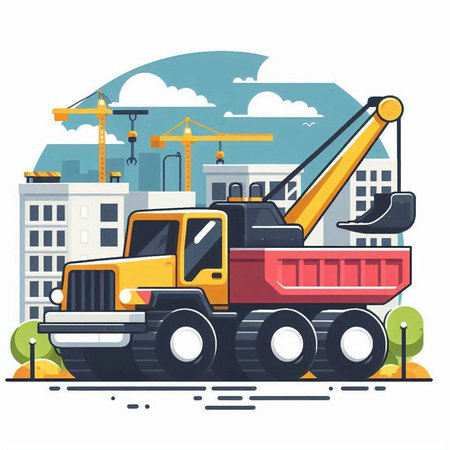 Vector illustration of a construction site with a crane and a dump truckのイラスト素材