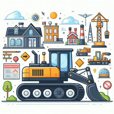 Bulldozer. Construction equipment. Vector illustration in flat style.のイラスト素材