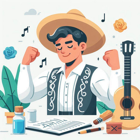 Handsome young man in sombrero playing guitar and singing. Vector illustrationのイラスト素材