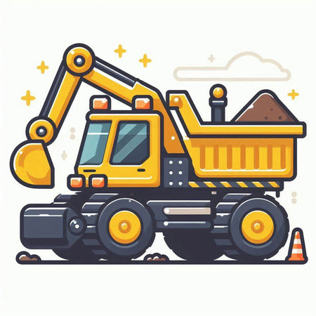 Vector illustration of a yellow excavator isolated on a white background.のイラスト素材