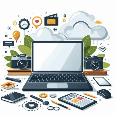 Vector illustration of laptop, mobile phone, tablet pc, computer mouse, camera, cloud computing technology.のイラスト素材
