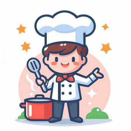 Chef holding a pot and ladle. Cute vector illustration.のイラスト素材