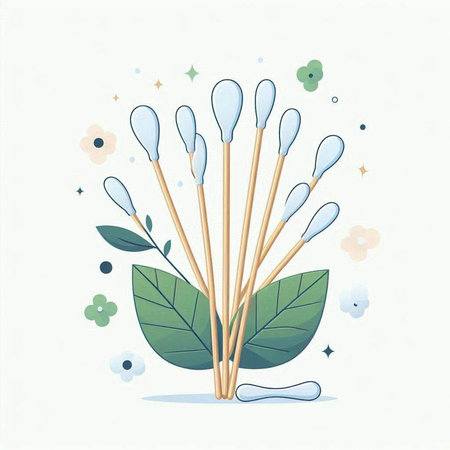 Cotton swabs with leaves. Vector illustration on a white background.のイラスト素材