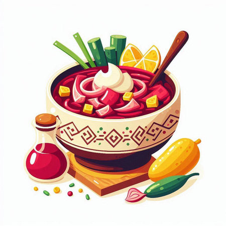 Vector illustration of bowl of borscht with sour cream and vegetables.のイラスト素材