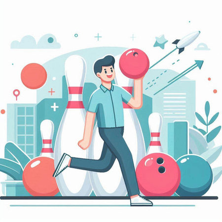 Young man playing bowling on city background. Flat style vector illustration.のイラスト素材