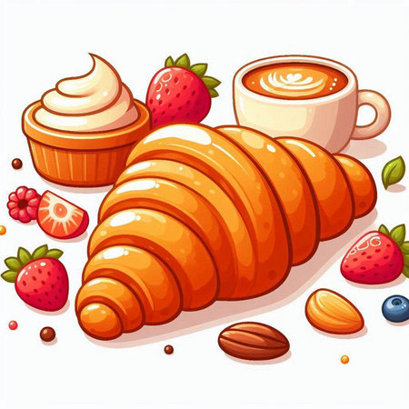Illustration of a croissant and coffee on a white backgroundのイラスト素材