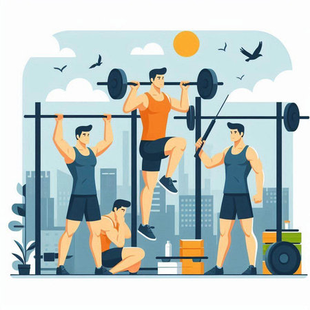 Fitness and healthy lifestyle concept. Men doing exercises with barbell. Flat vector illustration.のイラスト素材