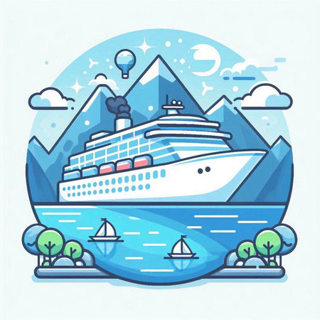 Cruise ship on the background of mountains and blue sky. Vector illustration.のイラスト素材