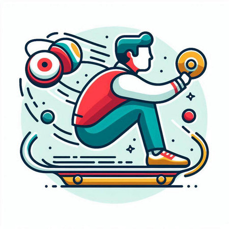 Cartoon flat style illustration of a man playing table tennis on a skateboardのイラスト素材