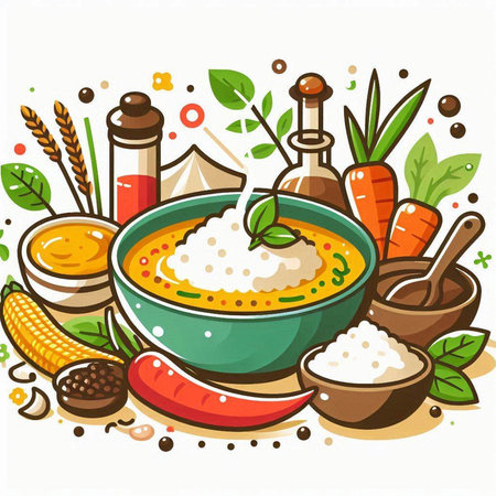 Illustration of a bowl of rice with vegetables and spices on a white backgroundのイラスト素材