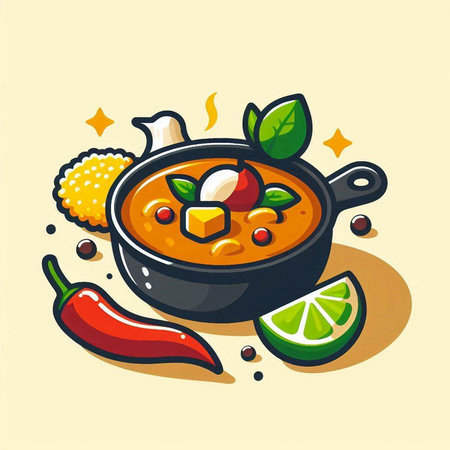Soup in a frying pan. Vector illustration of a vegetarian food.のイラスト素材