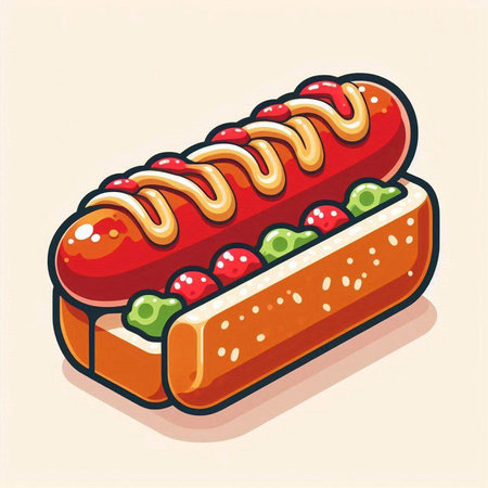 Hot dog with mustard and ketchup on a white background. Vector illustrationのイラスト素材