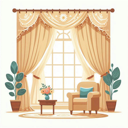 Curtains and armchair in the interior. Vector illustration.のイラスト素材