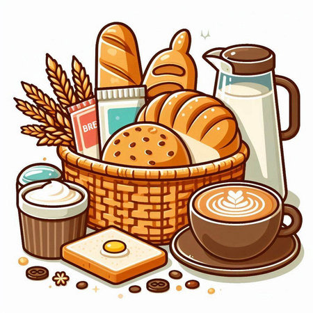 Basket with bread, milk, coffee and cream. Vector illustration.のイラスト素材
