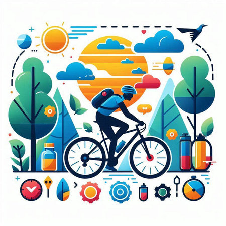 Cyclist in helmet and sportswear riding bicycle in the forest, flat vector illustration.のイラスト素材
