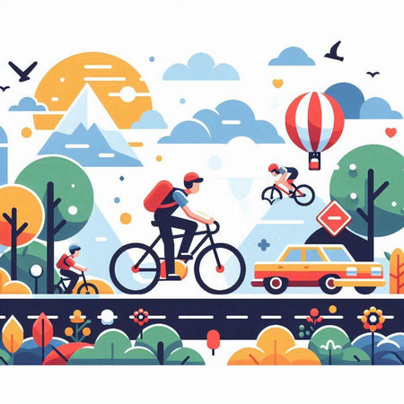 Bicyclist riding on the road in the city, vector illustrationのイラスト素材