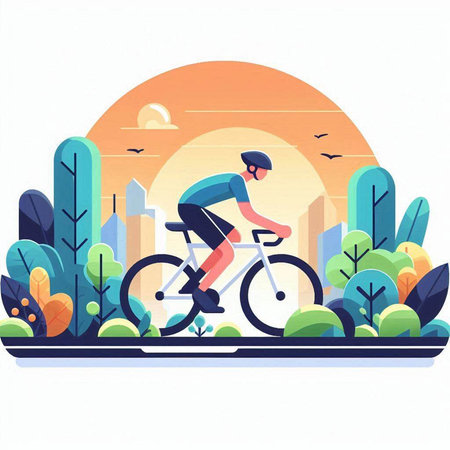 Cyclist riding bicycle in the park. Flat vector illustration.のイラスト素材