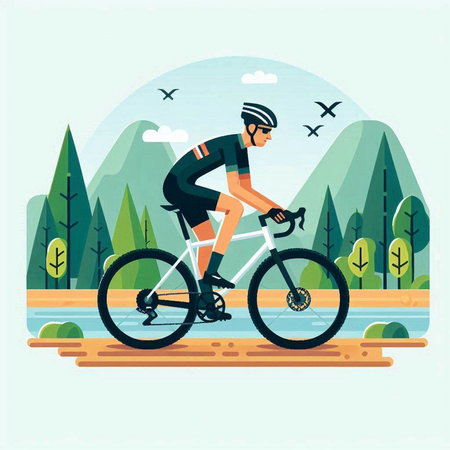 Cyclist riding bicycle in the park. Flat style vector illustration.のイラスト素材
