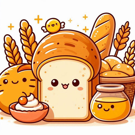 Cute cartoon bread characters. Vector illustration of a bread character.のイラスト素材