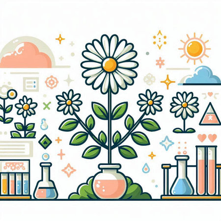 Flower in the laboratory. Vector illustration in flat linear style.のイラスト素材