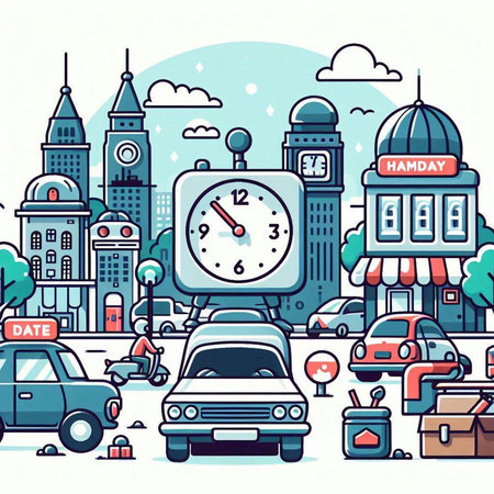 Cartoon cityscape with clock and cars on the road. Vector illustrationのイラスト素材