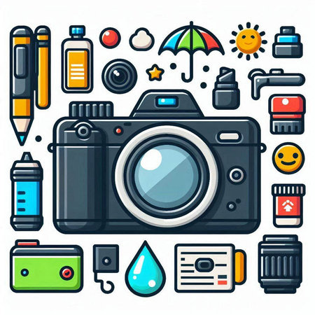 Colorful vector illustration of a camera with different objects on white backgroundのイラスト素材