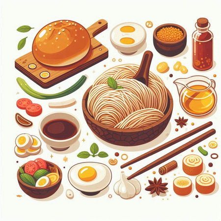 Noodles and ingredients for Japanese ramen. Vector illustration.のイラスト素材