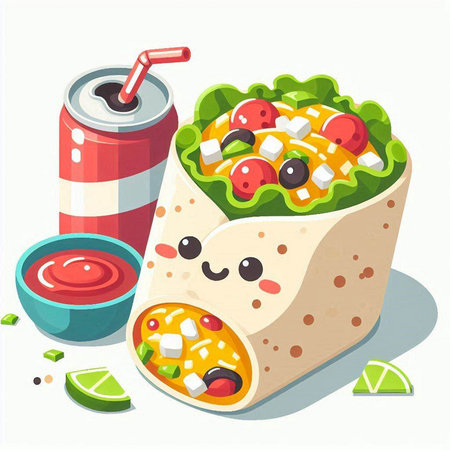 Vector illustration of a tortilla with tomato sauce, mozzarella cheese, cucumber, olives, lettuce and tomatoのイラスト素材