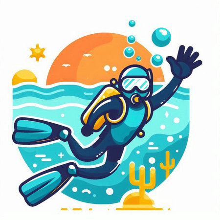 Scuba diving vector illustration. Cartoon scuba diver swimming in the sea.のイラスト素材