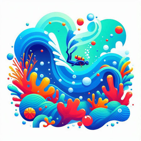 Colorful underwater background with scuba diver and bubbles. Vector illustration.のイラスト素材
