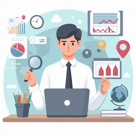 Businessman working at the office. Vector illustration in a flat styleのイラスト素材