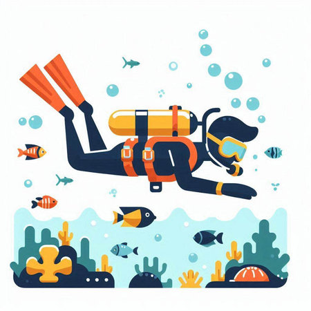 Scuba diving vector illustration in flat style. Diving underwater activity.のイラスト素材