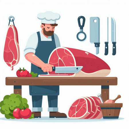 Butcher man cutting meat on chopping board. Vector illustration in cartoon styleのイラスト素材