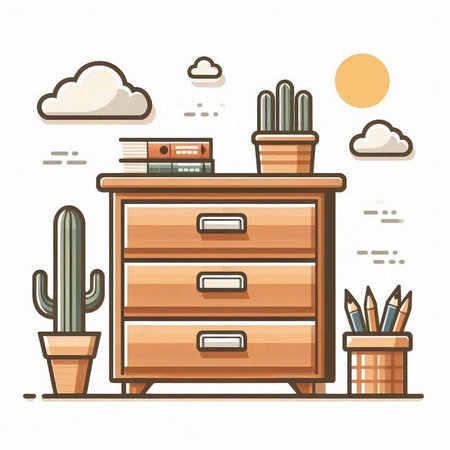 Wooden chest of drawers with various objects. Vector illustration.のイラスト素材