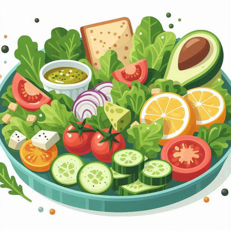 Vector illustration of healthy food. Vegetable salad with avocado, cucumber, tomato, onion, cheese, olive oil, olive oil.のイラスト素材